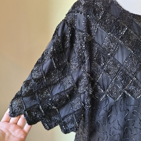 Laurence Kazar Silk Blouse Large Black‎ Lined Embellished Beaded Short Sleeve - Picture 2 of 12